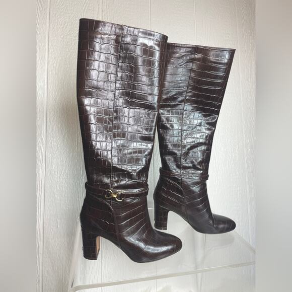 ROUJE PARIS Loana Croco Chocolat Heeled Riding Boots 37 - Picture 11 of 14